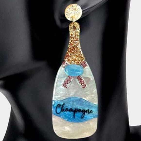 Champagne Bottle Blue Glittered Acetate Dangle Earrings - Picture 2 of 7